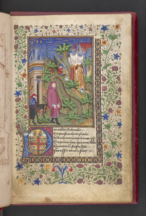 Opening page. A gentleman in a landscape, followed by another mounted on a horse, with three ladies. 

Le livre des quatre dames; par Alain Chartier. Le livre des quatre 
dames; par Alain Chartier.

Chartier, Alain, Unspecified, Secretary to Charles VII 