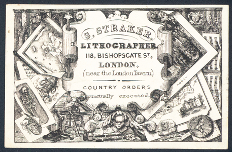 S Straker, lithographer, trade card (engraving)