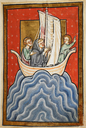St. Cuthbert and two of the brethren sail to the land of the Picts.