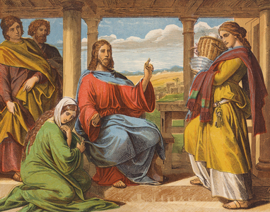 Jesus Christ in the house of Martha and Mary (colour litho)