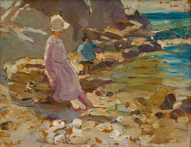 Woman and Child on the Rocks (oil on panel)