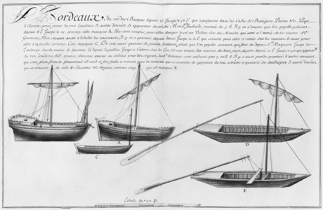 Small boats, Bordeaux, illustration from 'Desseins des differentes ways de Vaiseaux... depuis Nantes à la Bayonne', 1679 (pencil & watercolour on paper)