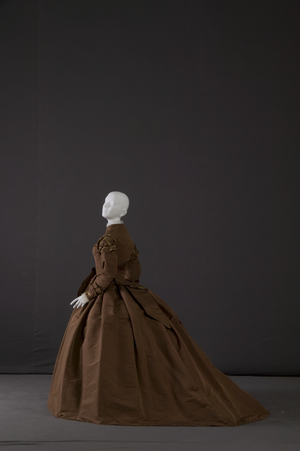 Trousseau dress, 1869 (side oblique view), Silk poplin, satin, No label Gift of Mrs. Louis Conger Mowry, 1930.87a-c