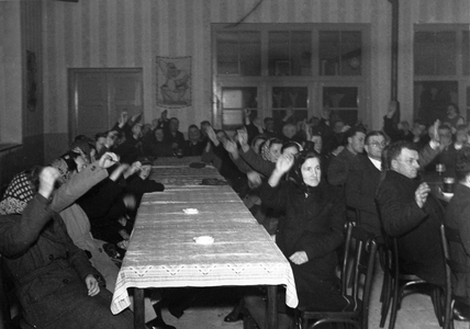 Members Of The Cooperative In The Village Of Horni Cerekev Voting Unanimously To Accept A Motion To Sign A Collective Contract For Deliveries Of Produce This Year Instead Of Signing Individual Delivery Contracts. Czechoslovakia, July 1950.