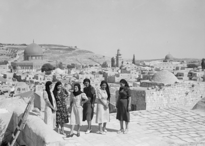 Christian Arab girls wearing head-dress symbolic of Arab nationalism 