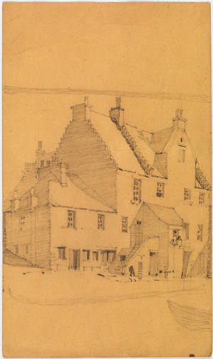 Pencil sketch of old buildings, probably in Glasgow (pencil, paper)