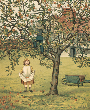 Home Life: Children Picking Apples in the Orchard, 1881 (chromolithograph)