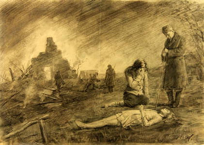 After Chasing the Fascist Occupants Off. Belarus, 1943 (watercolour on paper)