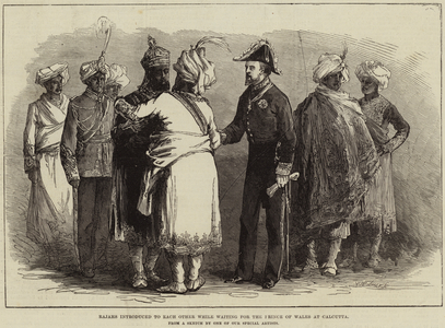 Rajahs introduced to each other while waiting for the Prince of Wales at Calcutta (engraving)