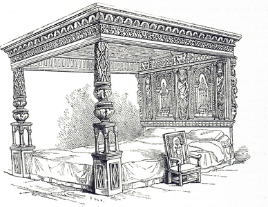 Engraving depicting the Great Bed of Ware, an extremely large oak four poster bed, carved with marquetry, that was originally housed in the White Hart Inn in Ware, England, 19th century