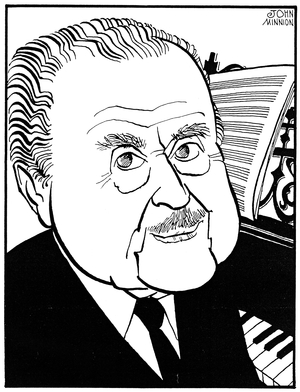 Claudio Arrau León - black and white drawing by John Minnion showing Arrau at his piano