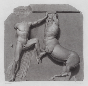 Greek warrior fighting a centaur, ancient Greek marble sculpture from the Parthenon, Athens (engraving)
