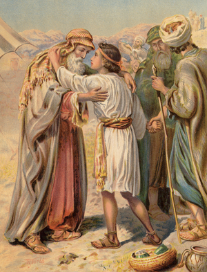 Jacob parting from Benjamin, Genesis, XLIII (colour litho)