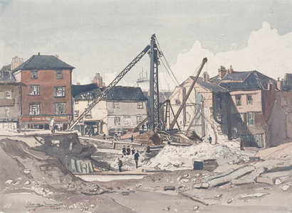 Demolition of Old Houses, Gateshead in Preparation for the New Tyne Bridge (w/c on paper)
