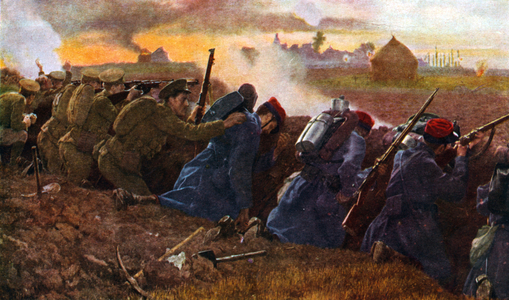 British troops fighting with the French to stop the first German onrush, Autumn 1914, 1919 (print)