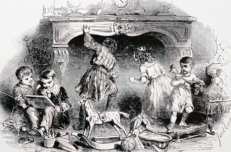 French children looking for presents up the chimney. By Ange Louis Janet (1811-1872) a French artist, 1855 (engraving)