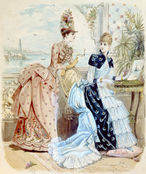 Women at a resort by the sea, 1885 (coloured engraving)