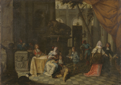 Elegant company on a terrace, 1669 (oil on canvas)