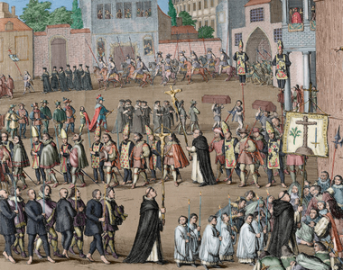 Spanish Inquisition, Auto-da-fe (colour engraving)