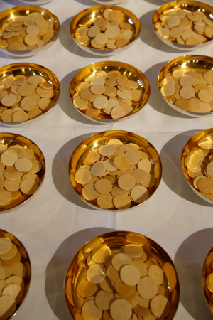 Host wafers in Sainte Genevieve catholic cathedral, Nanterre, France, 2019 (photo)