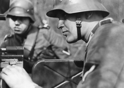 Soldiers during an exercise (b/w photo)