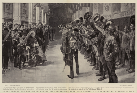 Three Cheers for the Queen, Her Majesty inspecting Invalided Colonial Volunteers at Windsor Castle (litho)