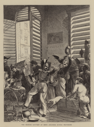 The Marche Couvert at Metz, Soldiers buying Provisions (engraving)