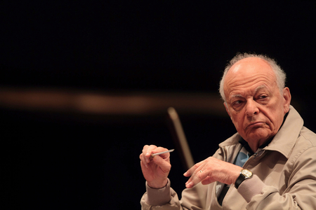Lorin Maazel - rehearsing with the Philharmonia orchestra. Théatre des Champs Elysées, Paris, 15 May 2011. American conductor,  1930-.