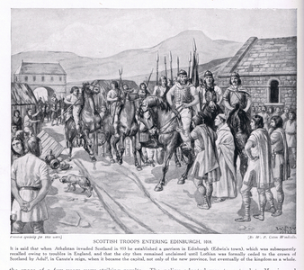 Scottish troops entering Edinburgh AD1018 (litho), 1920's (litho)