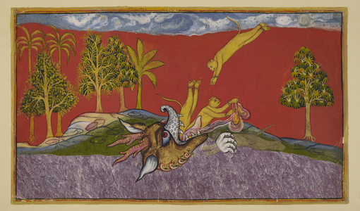 Hanuman dives into the mouth of the demoness Siṃhika, 1653 (miniature)