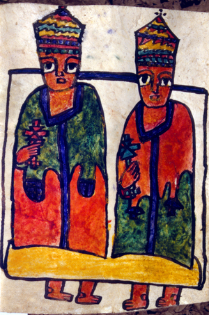 19th century Ethiopian Coptic Christian prayer book. Illustration showing two Magi or wise men. approx. 1870