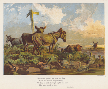 Landscape with donkeys and birds (colour litho)