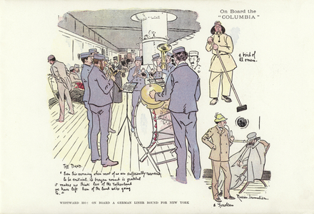 Westward Ho! On board a German liner bound for New York (colour litho)