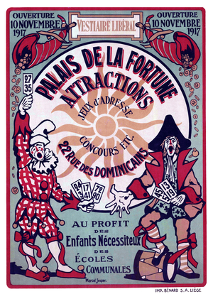 Belgium: 'Palais de la Fortune'. First World War propaganda poster for needy children, Liege, c. 1917