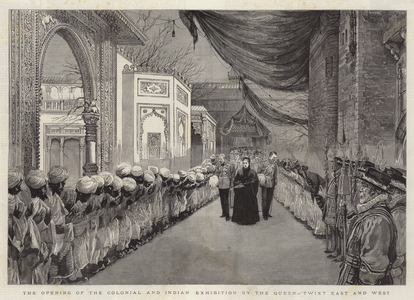 The Opening of the Colonial and Indian Exhibition by the Queen, 'Twixt East and West (engraving)