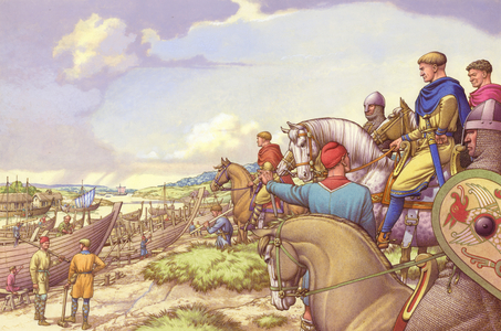 Duke William assembles an invasion fleet on the coast of Normandy (gouache on paper)
