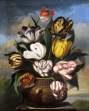 Tulips in a Vase, with a Caterpillar, a Snail, and a Fly, on a Plinth in a Landscape, 1826 (oil on panel)