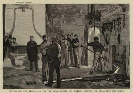 Casting the New Tenor Bell for the Royal Courts of Justice, running the Metal into the Mould (engraving)