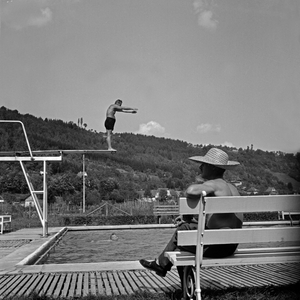 Men swimming at a public pool at Sulz at river Neckar, Germany 1930s (b/w photo)