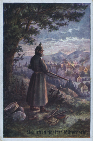 I stand in the midnight darkness: German soldier on guard duty watching over a village (colour litho)