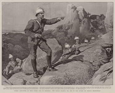 Prince Alexander of Teck under Fire in Rhodesia, the Prince leading his Men in the Attack on Wedza's Stronghold (litho)