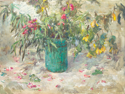 Yellow Abutilon and Rose Petals, 2014 (oil on panel)