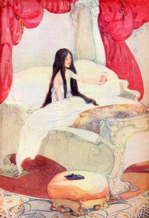The House in the Wood, illustration from The Golden Wonder Book published 1934.  The bed was of ivory, and the curtains of red velvet, and on a stool close by was placed a pair of slippers ornamented with pearls.