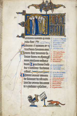 Add. 50000, f.146v Psalm 97; initial 'C', three clerks at a lectern, singing. At foot of folio, a cockerel preaching to a fox, from the Oscott Psalter, c.1265-70 (vellum)