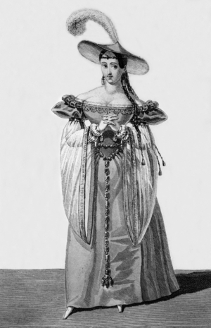 French comedian Melle Mars (1779-1847) as Dona Sol in play Hernani in 1830, engraving