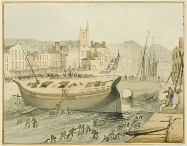 Cleaning the Floating Harbour, 1828 (pencil & watercolour on paper)