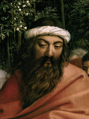 The Pilgrims guided by St. Christopher, detail of St. Christopher, from the right hand side of the Ghent Altarpiece, 1432 (oil on panel) (see 472324)