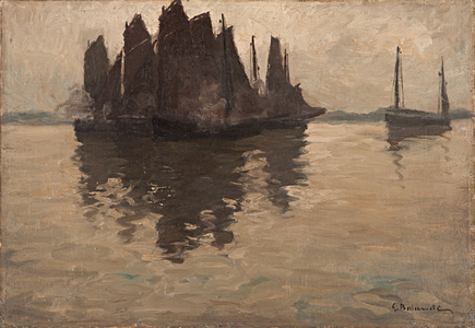 Sailing Boats out at Sea (oil on paper laid down on canvas)