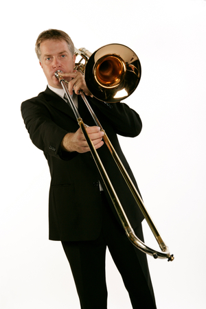 Bass Trombone player in playing position