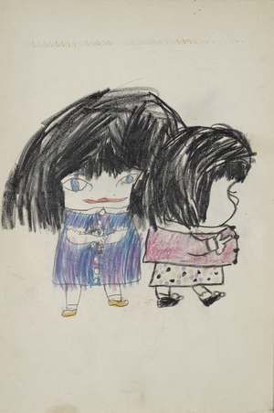 Two girls, one with a doll, 1954 (drawing)